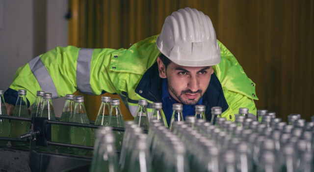 industrial background of beverage factory production line engineer and supervisor checking production line during processing in beverage manufacturing factory